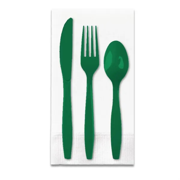Emerald Green color option for White 3 Ply Dinner Napkin 1/8th Fold, Knife, Fork & Teaspoon (White Or Colored Utensils)