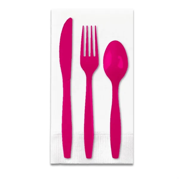 Hot Magenta color option for White 3 Ply Dinner Napkin 1/8th Fold, Knife, Fork & Teaspoon (White Or Colored Utensils)