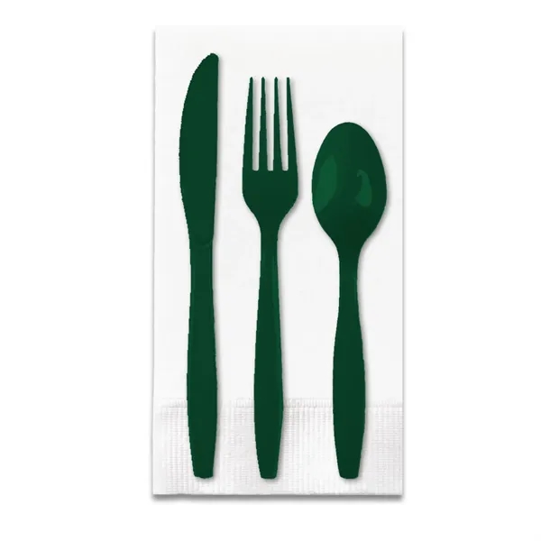 Hunter Green color option for White 3 Ply Dinner Napkin 1/8th Fold, Knife, Fork & Teaspoon (White Or Colored Utensils)