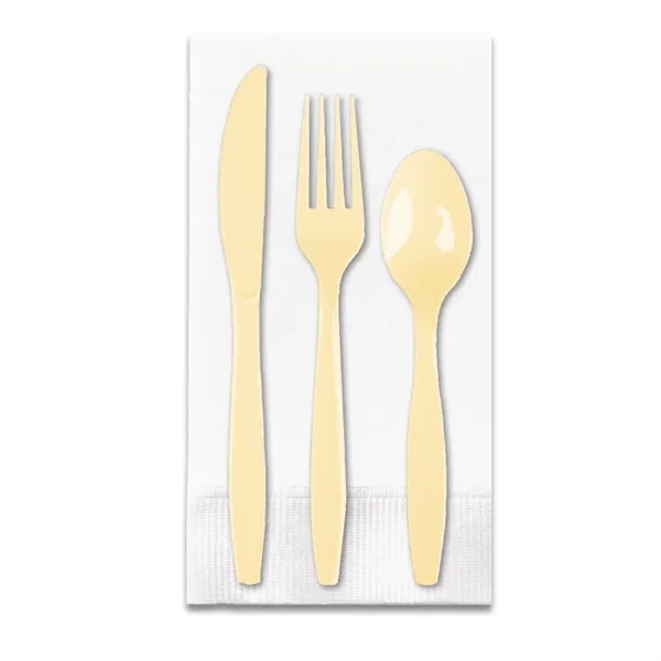 Ivory White color option for White 3 Ply Dinner Napkin 1/8th Fold, Knife, Fork & Teaspoon (White Or Colored Utensils)
