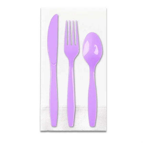 Lavender Purple color option for White 3 Ply Dinner Napkin 1/8th Fold, Knife, Fork & Teaspoon (White Or Colored Utensils)