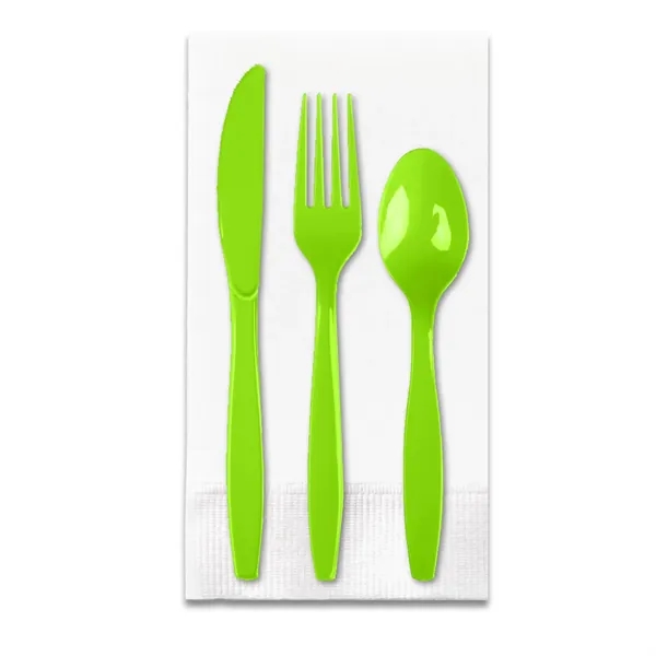 Lime Green color option for White 3 Ply Dinner Napkin 1/8th Fold, Knife, Fork & Teaspoon (White Or Colored Utensils)