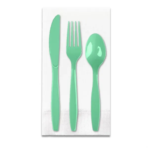 Mint Green color option for White 3 Ply Dinner Napkin 1/8th Fold, Knife, Fork & Teaspoon (White Or Colored Utensils)