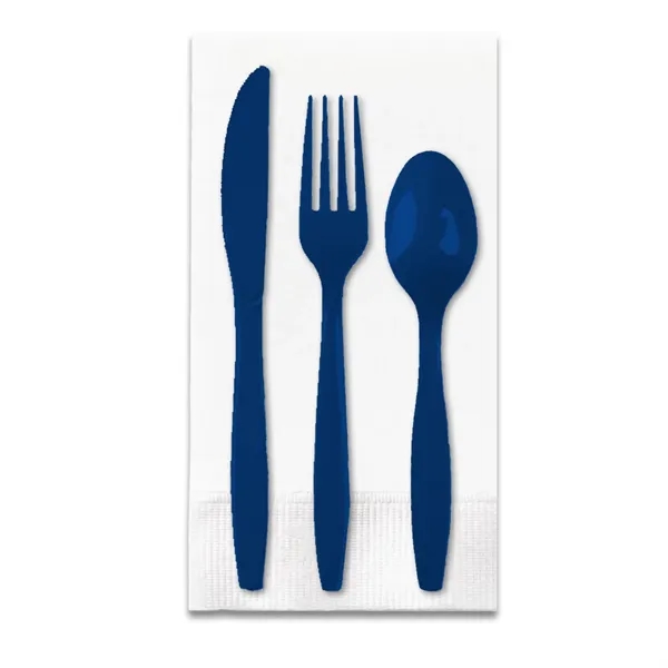 Navy Blue color option for White 3 Ply Dinner Napkin 1/8th Fold, Knife, Fork & Teaspoon (White Or Colored Utensils)