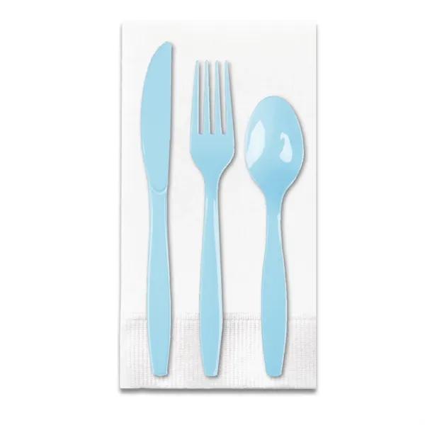 Pastel Blue color option for White 3 Ply Dinner Napkin 1/8th Fold, Knife, Fork & Teaspoon (White Or Colored Utensils)