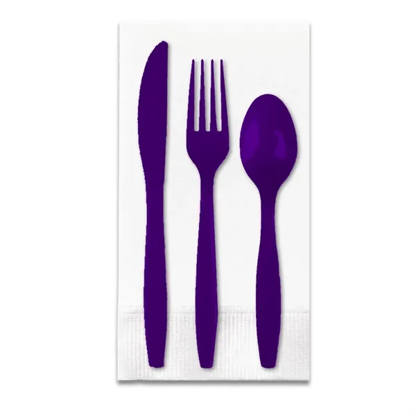 Purple color option for White 3 Ply Dinner Napkin 1/8th Fold, Knife, Fork & Teaspoon (White Or Colored Utensils)