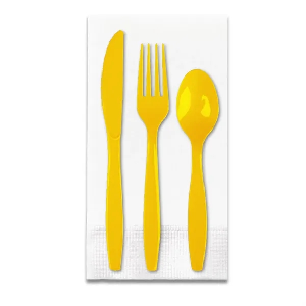 School Bus Yellow color option for White 3 Ply Dinner Napkin 1/8th Fold, Knife, Fork & Teaspoon (White Or Colored Utensils)
