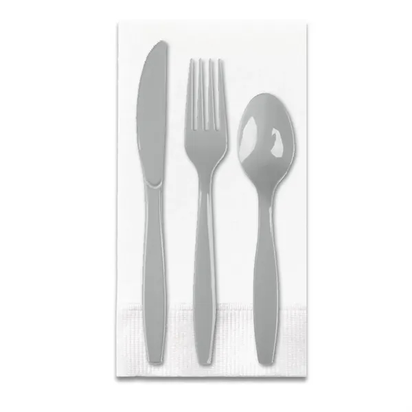 Silver Gray color option for White 3 Ply Dinner Napkin 1/8th Fold, Knife, Fork & Teaspoon (White Or Colored Utensils)