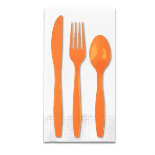 Sunkissed Orange color option for White 3 Ply Dinner Napkin 1/8th Fold, Knife, Fork & Teaspoon (White Or Colored Utensils)
