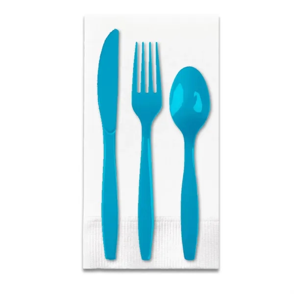 Turquoise Blue color option for White 3 Ply Dinner Napkin 1/8th Fold, Knife, Fork & Teaspoon (White Or Colored Utensils)