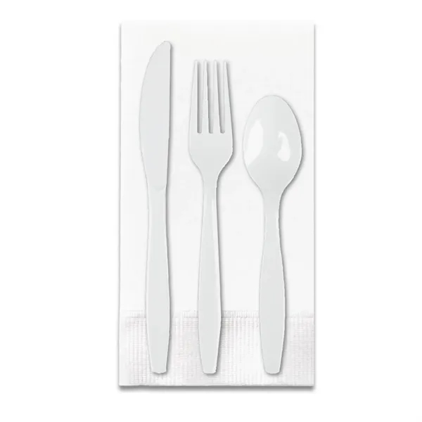 White color option for White 3 Ply Dinner Napkin 1/8th Fold, Knife, Fork & Teaspoon (White Or Colored Utensils)